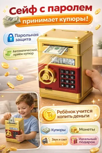 Мини сейф копилка детская с паролем Автомат приёма купюр Музыкальная Подарок