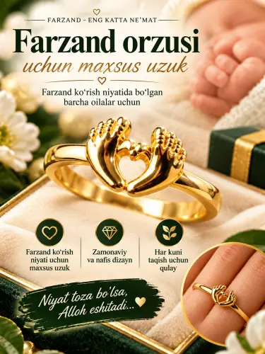 Farzand orzusi uchun oltin rangli uzuk, chaqaloq oyoqchalari dizayni
