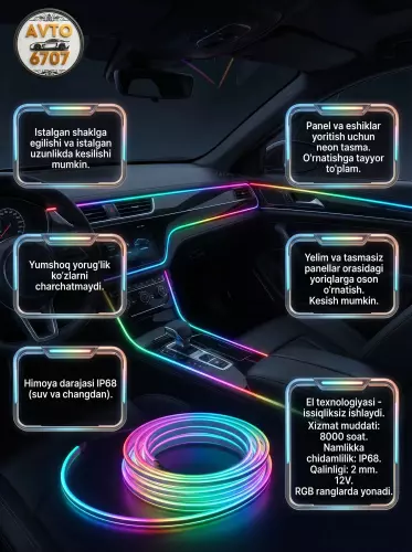Avtomobil uchun neon RGB lenta, salon yoritgichi, mobil ilova va pult orqali boshqaruv