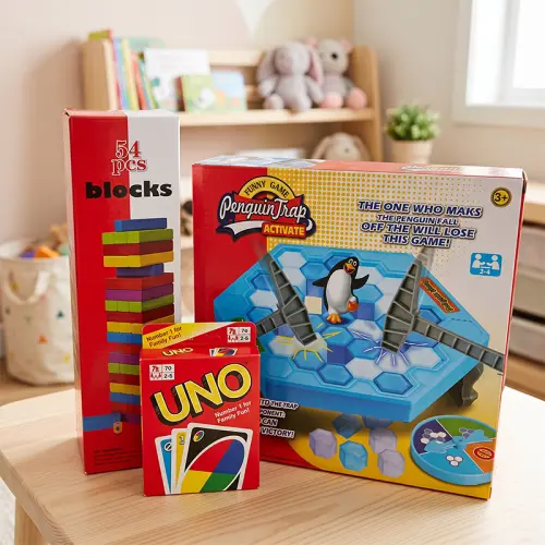 3 ta stol o‘yini to‘plami — UNO, 54 talik yog‘och minora va Penguin Trap
