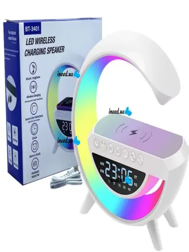LED-колонка с часами Mini3401, беспроводной зарядкой, будильником, FM-радио и RGB-подсветкой