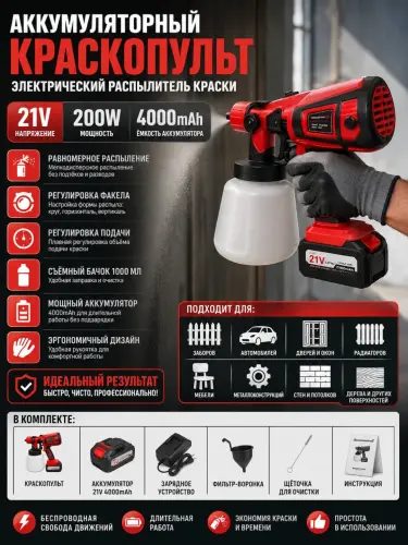 Аккумуляторный краскопульт 21V 200W 4000mAh электрический распылитель краски