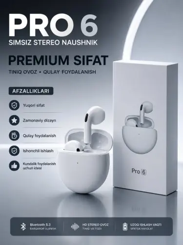 Беспроводные TWS наушники Pro 6 Bluetooth 5.3 с сенсорным управлением и зарядным кейсом